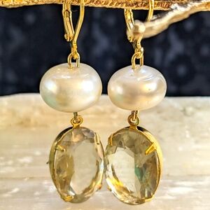 Large Prasiolite/ Green Amethyst 12.6 Ct. & Genuine Baroque Pearl Drop Earrings